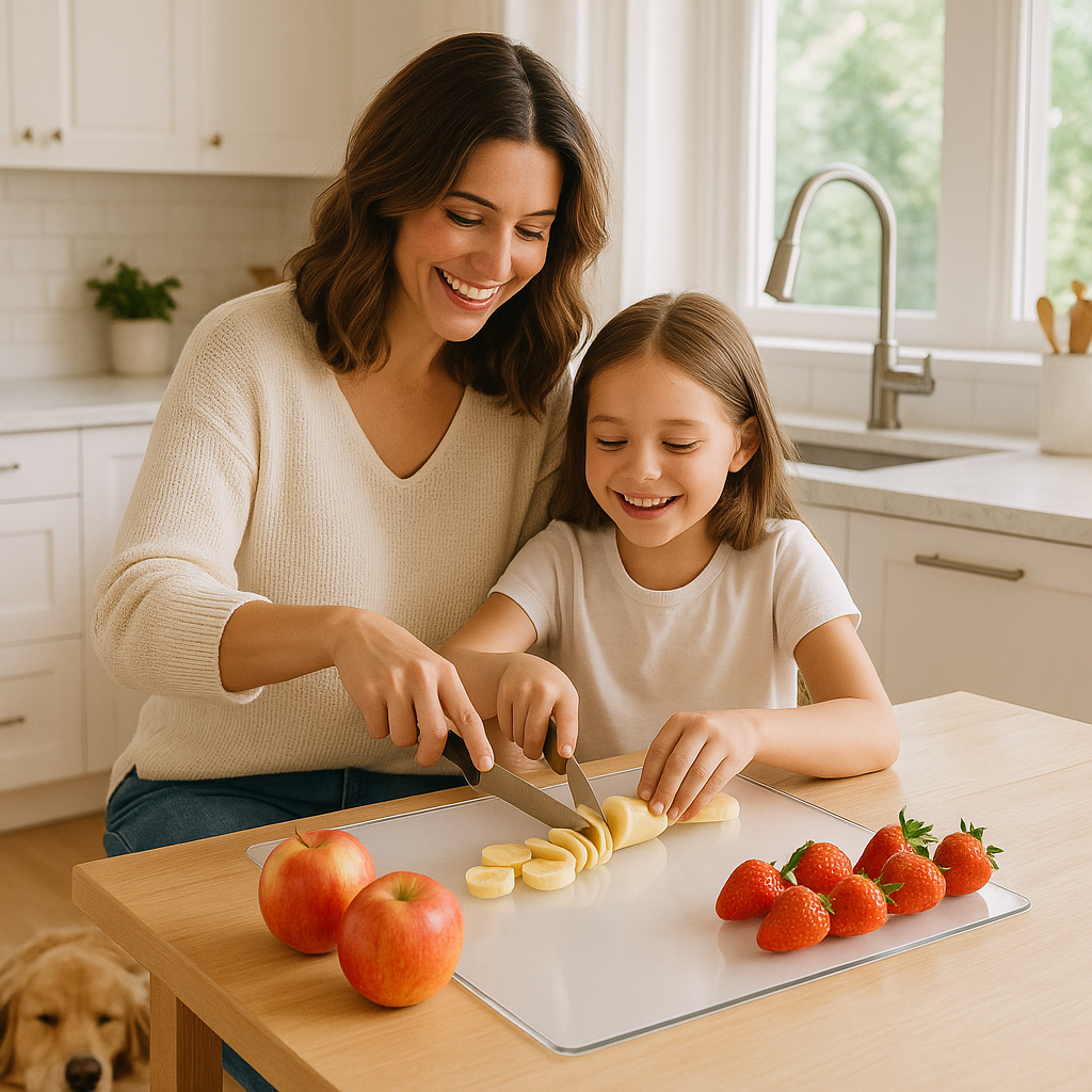planche a découper transparente fruits famille